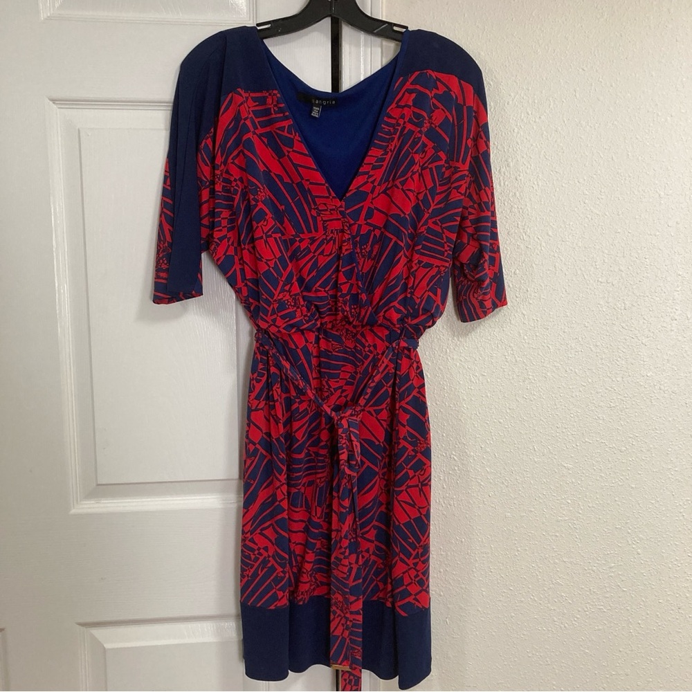 Sangria Womens Dress 3/4 Sleeve V Neck Knee Length Size 14 Red/Blue